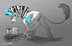 Size: 1280x831 | Tagged: safe, artist:sunny way, derpibooru import, oc, oc only, oc:cohasset, classical unicorn, pony, unicorn, zebra, black and white, butt, cloven hooves, finished commission, grayscale, leonine tail, lineart, magic, male, monochrome, nudity, painting, plot, rcf community, solo, unshorn fetlocks