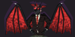 Size: 6000x3000 | Tagged: safe, artist:chaosmagex, derpibooru import, oc, oc:fngr, oc:fornogoodreason, anthro, changeling, incubus, asymmetry, bat wings, changeling oc, clothes, cubi, fangs, halloween, halloween 2018, head wings, holiday, male, red changeling, solo, stallion, suit, wings