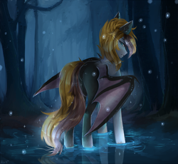 Size: 2500x2300 | Tagged: safe, artist:alicesmitt31, derpibooru import, oc, oc only, oc:aeon, bat pony, pony, bat pony oc, bat wings, digital art, female, forest, looking back, mare, scenery, signature, solo, tree, water