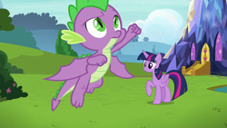 Size: 1280x720 | Tagged: safe, derpibooru import, screencap, spike, twilight sparkle, twilight sparkle (alicorn), alicorn, dragon, pony, father knows beast, duo, female, flying, male, mare, raised hoof, winged spike