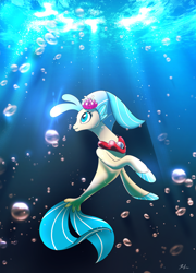 Size: 1800x2500 | Tagged: safe, artist:renokim, derpibooru import, princess skystar, seapony (g4), my little pony: the movie, bubble, female, lonely, ocean, smiling, solo, underwater