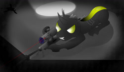 Size: 1024x600 | Tagged: safe, artist:atomfliege, derpibooru import, oc, oc:warplix, changeling, gun, prone, rifle, sniper rifle, solo, weapon, yellow changeling