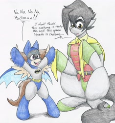 Size: 4397x4673 | Tagged: safe, artist:flicker-show, derpibooru import, oc, oc only, oc:flicker show, oc:jitter bug, absurd resolution, batman and robin, clothes, costume, female, filly, male, stallion, traditional art