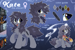 Size: 1280x855 | Tagged: safe, artist:hioshiru, derpibooru import, oc, oc only, oc:kate, owl, pony, unicorn, blue background, chest fluff, clothes, color palette, cutie mark, ear fluff, female, fluffy tail, fourth doctor's scarf, leg fluff, magic, pen, profile, reference sheet, scarf, sign, sitting, standing, tail fluff, tongue out