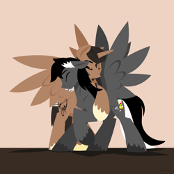 Size: 1280x1280 | Tagged: safe, artist:hoverrover, derpibooru import, oc, oc only, oc:chief kiviuq, oc:mixy, alicorn, pegasus, pony, alicorn oc, cutie mark, eyes closed, hooves, horn, hug, lineless, male, spread wings, stallion, wings