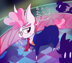 Size: 1981x1732 | Tagged: safe, artist:dragonpone, derpibooru exclusive, derpibooru import, svengallop, earth pony, pony, blushing, clothes, club, dialogue, glasses, lidded eyes, looking away, male, necktie, open mouth, raised hoof, regret, silhouette, stallion, suit, sweat