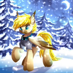 Size: 4069x4087 | Tagged: safe, artist:airiniblock, derpibooru import, oc, oc only, pegasus, pony, absurd resolution, clothes, commission, crescent moon, cute, fir tree, forest, moon, ocbetes, raised hoof, rcf community, smiling, snow, snowfall, snowflake, solo, tree, winter