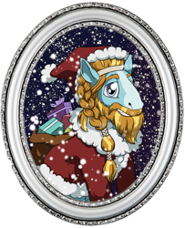 Size: 2088x2566 | Tagged: safe, artist:haselwoelfchen, derpibooru import, rockhoof, earth pony, pony, beard, braid, christmas, christmas presents, clothes, coat, costume, facial hair, gift giving, gift wrapped, hat, headband, holiday, male, picture frame, present, santa claus, santa costume, santa hat, santa sack, simple background, snow, solo, stallion, transparent background