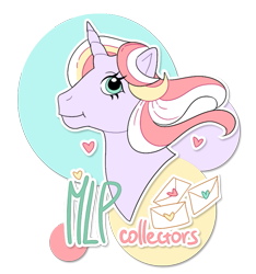 Size: 765x816 | Tagged: safe, artist:pinle, derpibooru import, oc, oc only, oc:silly letters, pony, unicorn, g1, bust, circle, collector, color outline, cute, drop shadow, envelope, heart, horn, letter, mascot, simple background, smiling, solo, transparent background