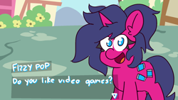 Size: 1280x720 | Tagged: safe, artist:threetwotwo32232, derpibooru import, oc, oc only, oc:fizzy pop, pony, unicorn, dating sim, dialogue box, female, looking at you, mare, open mouth, question, smiling, solo, text