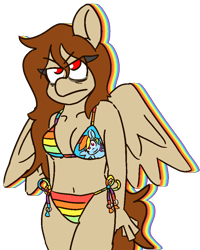 Size: 810x1010 | Tagged: safe, artist:threetwotwo32232, derpibooru import, oc, oc:red, anthro, pegasus, belly button, bikini, clothes, female, looking at you, midriff, rainbow dash bikini, side-tie bikini, solo, swimsuit