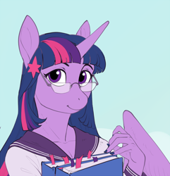 Size: 788x817 | Tagged: safe, artist:ladychimaera, derpibooru import, twilight sparkle, twilight sparkle (alicorn), alicorn, anthro, book, clothes, female, glasses, looking at you, mare, nail polish, school uniform, solo