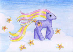 Size: 1280x911 | Tagged: safe, artist:normaleeinsane, derpibooru import, pony, g3, cloud, dibble dabble, flower, solo, traditional art