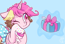 Size: 800x544 | Tagged: safe, artist:skippyrip, derpibooru import, oc, oc only, oc:phii sa cake, pony, unicorn, blushing, bow, color outline, crying, cute, female, frown, gift art, gift wrapped, hoof polish, hooves, horn, levitation, magic, magic aura, mare, name tag, one eye closed, pink eyes, present, ribbon, solo, tail bow, telekinesis, unshorn fetlocks