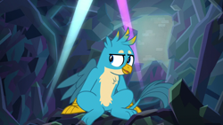 Size: 1280x720 | Tagged: safe, derpibooru import, screencap, gallus, griffon, what lies beneath, light rays, male, paws, solo