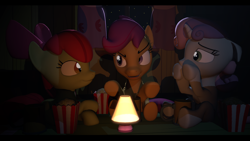 Size: 1920x1080 | Tagged: safe, artist:skylairo, derpibooru import, apple bloom, scootaloo, sweetie belle, pegasus, pony, unicorn, 3d, blicking, cutie mark crusaders, dark, food, ghost story, lamp, ponyville, popcorn, scary stories, scary story