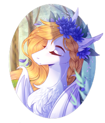 Size: 1200x1400 | Tagged: safe, artist:kseniyart, derpibooru import, oc, bat pony, pony, bust, eyes closed, female, floral head wreath, flower, mare, portrait, solo