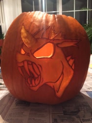 Size: 768x1024 | Tagged: safe, artist:warhorse26, derpibooru import, changeling, halloween, holiday, irl, jack-o-lantern, photo, pumpkin