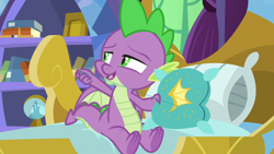 Size: 1280x720 | Tagged: safe, derpibooru import, screencap, spike, dragon, father knows beast, male, pillow, solo, throw pillow, winged spike