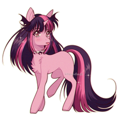 Size: 1280x1297 | Tagged: safe, artist:kitten-in-the-jar, derpibooru import, twilight sparkle, unicorn twilight, pony, unicorn, blushing, chest fluff, choker, ear fluff, ears, female, headband, looking forward, mare, missing cutie mark, mlem, pink coat, pink eyes, raised leg, side view, simple background, solo, sparkly mane, sparkly tail, tongue, tongue out, transparent background, two toned mane, two toned tail, white choker