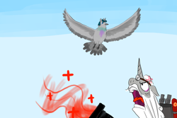 Size: 2400x1600 | Tagged: safe, artist:horsesplease, derpibooru import, star swirl the bearded, stygian, bird, pigeon, shadow play, angry, birdified, cross-popping veins, crying, flying, medic, medigun, pun, random, sad, species swap, team fortress 2, yelling