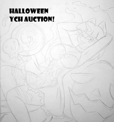 Size: 700x752 | Tagged: safe, artist:imaranx, derpibooru import, oc, oc:pencil sketch, pony, unicorn, arm behind head, armpits, auction, candy, clothes, commission, cute, dress, food, for sale, halloween, holiday, lollipop, pencil drawing, pumpkin, random pony, sketch, skirt, solo, traditional art, your character here