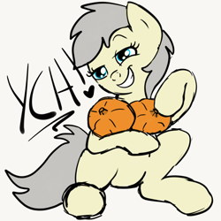 Size: 2100x2100 | Tagged: safe, artist:lannielona, derpibooru import, pony, advertisement, commission, fruit, funny, implied breasts, pumpkin, simple background, sketch, smiling, smug, solo, white background, your character here