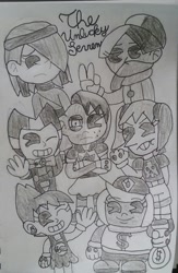 Size: 1024x1566 | Tagged: safe, artist:tobiisabunny, derpibooru import, oc, oc only, oc:bitter rot, oc:daybreak flare, oc:havoc fury, oc:lack luster, oc:monochrome frost, oc:moonlight blues, bendy and the ink machine, black and white, burned, grayscale, monochrome, simon, the marevolent six, traditional art, two-face, unlucky