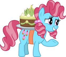 Size: 3478x3000 | Tagged: safe, artist:cloudyglow, derpibooru import, cup cake, earth pony, pony, the perfect pear, cake, chiffon swirl, female, food, simple background, smiling, solo, transparent background, underhoof, vector