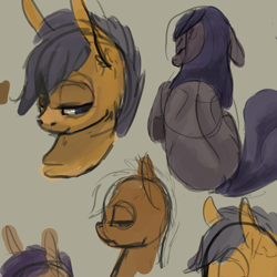 Size: 1280x1280 | Tagged: safe, artist:erijt, derpibooru import, scootaloo, oc, oc:sable, earth pony, pony, duo, female, filly, floppy ears, lidded eyes, mare, rear view, simple background, sketch, sketch dump