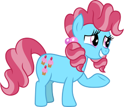 Size: 3478x3000 | Tagged: safe, artist:cloudyglow, derpibooru import, cup cake, earth pony, pony, the perfect pear, chiffon swirl, female, food, simple background, smiling, solo, transparent background, underhoof, vector