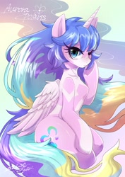 Size: 1451x2048 | Tagged: safe, artist:bbtasu, derpibooru import, oc, oc only, alicorn, pony, alicorn oc, anime, cute, female, looking at you, mare, one eye closed, solo, wink