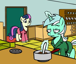 Size: 945x790 | Tagged: safe, artist:megasweet, derpibooru import, edit, bon bon, lyra heartstrings, sweetie drops, earth pony, pony, unicorn, bathrobe, chocolate pudding, clothes, cooking, crossover, duo, female, food, i've lost control of my life, indoors, kitchen, lost control of my life, lyra is not amused, making chocolate pudding, mare, meme, parody, pudding, reference, robe, rugrats, secret, unamused