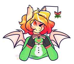 Size: 1801x1573 | Tagged: safe, artist:wooden-willow, derpibooru import, oc, oc only, oc:solar shine, anthro, bat pony, anthro oc, bat pony oc, bat wings, christmas sweater, clothes, digital art, eye clipping through hair, female, holly, holly mistaken for mistletoe, mare, one eye closed, signature, simple background, solo, sweater, transparent background, wings, wink, ych result