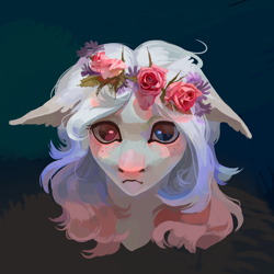 Size: 1024x1024 | Tagged: safe, artist:yanisfucker, derpibooru import, oc, oc only, pony, abstract background, bust, floppy ears, flower, flower in hair, freckles, looking at you, portrait, solo