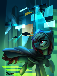 Size: 1500x2000 | Tagged: safe, artist:jedayskayvoker, derpibooru import, oc, oc only, pony, cape, city, clothes, future, looking back, looking up, solo