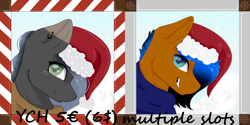 Size: 4800x2400 | Tagged: safe, artist:lilrandum, derpibooru import, oc, oc only, oc:lilrandum, oc:xxenocage, pony, commission, female, grin, hat, male, mare, smiling, snow, stallion, ych example, your character here