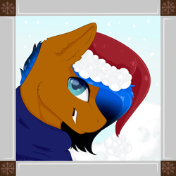 Size: 2400x2400 | Tagged: safe, artist:lilrandum, derpibooru import, oc, oc only, oc:xxenocage, pony, grin, hat, male, smiling, snow, stallion, ych example, your character here