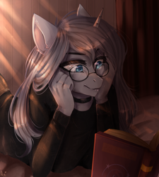 Size: 900x1000 | Tagged: safe, artist:alicesmitt31, derpibooru import, oc, anthro, unicorn, anthro oc, book, clothes, female, glasses, mare, reading, solo