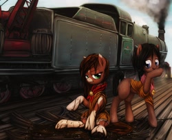 Size: 1324x1080 | Tagged: safe, artist:darkstylerz, derpibooru import, oc, oc only, oc:sheriff pinto, earth pony, pony, barrel, commission, crane, duo, steam locomotive, train, unknown pony