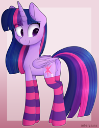 Size: 1960x2520 | Tagged: safe, artist:imbirgiana, derpibooru import, twilight sparkle, twilight sparkle (alicorn), alicorn, pony, blushing, clothes, cute, eye clipping through hair, female, looking back, mare, socks, solo, striped socks