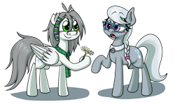 Size: 1280x763 | Tagged: safe, artist:alittleofsomething, derpibooru import, silver spoon, oc, oc:umbra winterdance, earth pony, pegasus, pony, blushing, canon x oc, flower, simple background, transparent background