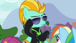 Size: 1280x720 | Tagged: safe, derpibooru import, screencap, scootaloo, pegasus, pony, the washouts (episode), clothes, female, mare, solo focus, sunglasses, uniform, washouts uniform