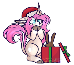 Size: 1765x1547 | Tagged: safe, artist:wooden-willow, derpibooru import, oc, oc only, oc:tarot, classical unicorn, pony, rabbit, unicorn, christmas, christmas gift, cloven hooves, curved horn, digital art, ear fluff, ear piercing, female, floppy ears, fluffy, freckles, gasp, hat, holiday, horn, leonine tail, long mane, long tail, mare, palomino, piercing, pink hair, pink mane, pink tail, present, santa hat, signature, simple background, sitting, solo, surprised, transparent background, unshorn fetlocks, ych result