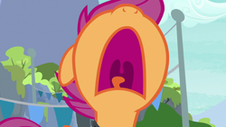 Size: 1280x720 | Tagged: safe, derpibooru import, screencap, scootaloo, pony, the washouts (episode), female, filly, foal, nose in the air, open mouth, solo, uvula, volumetric mouth