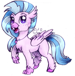 Size: 597x604 | Tagged: safe, artist:8bitgalaxy, derpibooru import, silverstream, classical hippogriff, hippogriff, cute, diastreamies, female, folded wings, jewelry, necklace, open mouth, simple background, smiling, solo, traditional art, transparent background, wings