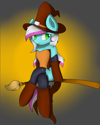 Size: 1800x2250 | Tagged: safe, artist:llhopell, derpibooru import, oc, oc only, oc:soffy, earth pony, pony, broom, clothes, costume, dress, female, flying, flying broomstick, gradient background, halloween, halloween costume, hat, holiday, mare, sexy, shoes, solo, tights, witch, witch hat