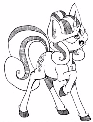 Size: 2927x3820 | Tagged: safe, artist:paskanaakka, derpibooru exclusive, derpibooru import, oc, oc only, oc:cerulean swirls, pony, unicorn, angry, black and white, ear fluff, female, grayscale, lineart, mare, monochrome, simple background, solo, traditional art, unshorn fetlocks