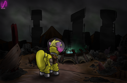 Size: 2000x1300 | Tagged: safe, artist:6editor9, artist:shido-tara, derpibooru import, oc, oc only, oc:puppysmiles, earth pony, pony, fallout equestria, fallout equestria: pink eyes, cloud, cloudy, fanfic, fanfic art, female, filly, foal, hazmat suit, hooves, pink cloud (fo:e), route 52, saddle bag, salt cube city, solo, wasteland