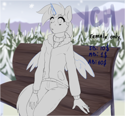 Size: 2692x2500 | Tagged: safe, artist:tigra0118, derpibooru import, anthro, advertisement, beautiful, bench, commission, female, forest, open eyes, snow, solo, your character here